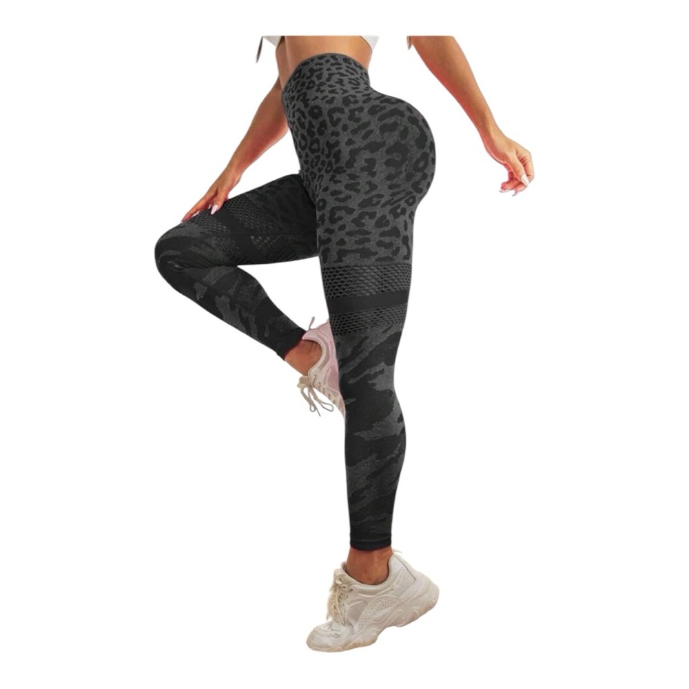 High-Waisted Yoga Leggings – Leopard Print – Gray/Black – Size S🐆🩶⚫️